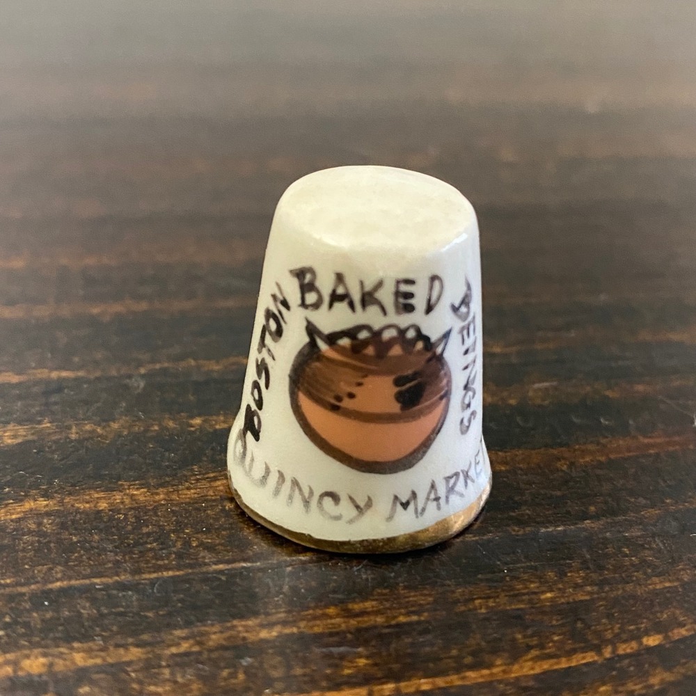 Vintage 1982 Boston Baked Beans Quincy Market Porcelain Trinket Thimble Gold Rim